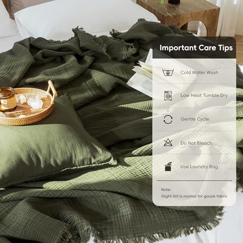 MooMee 100% Cotton Muslin Blanket, Fringed 4-Layer Gauze Bed Couch Throw - color: Olive Green, size: Throw