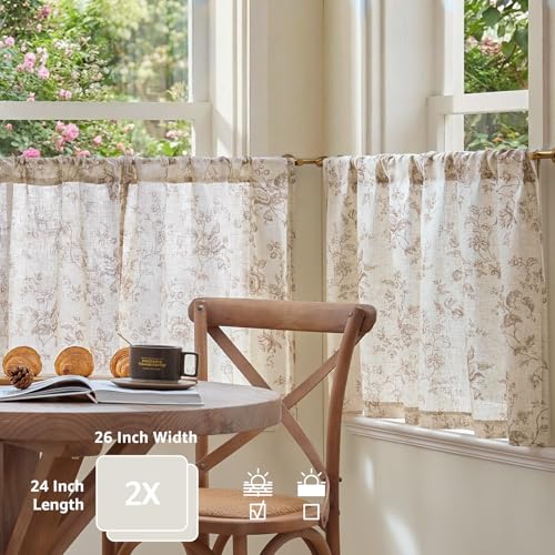 jinchan Floral Linen Kitchen Tier Curtains, 24 Inch, 2 Panels, Taupe - color: Amlie Taupe, size: 26"W x 24"L (Pack of 2)