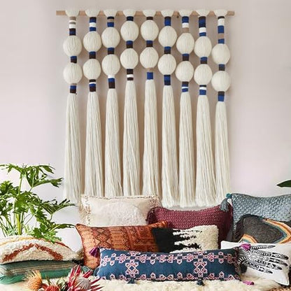 Macrame Wall Hanging Spherical Cotton Rope Woven Tassel Decor 27"W*29"L - color: White and Blue