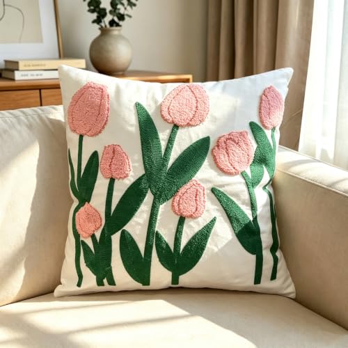 Rose Tulip Pink Floral Spring Embroidered Throw Pillow Cover 18x18 Set of 2 - color: Rose Pink