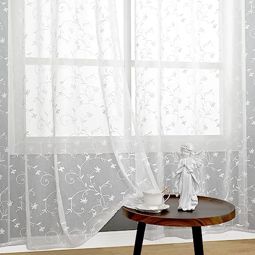 BGment White Sheer Curtains 72 Inches Long Living Room 2 Panels - color: White- Flower, size: 52"W x 72"L (Pack of 2)