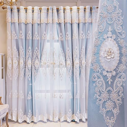 Amidoudou 1 Pair European Double Layer Curtains with Valance for Living Room Bedroom Luxury 3D Flower Embroidered Curtains (Blue,51x90 Inch) - color: Blue, size: 51"W x 90"L (Pack of 2)
