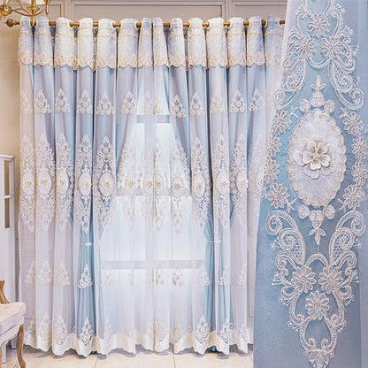 Amidoudou 1 Pair European Double Layer Curtains with Valance for Living Room Bedroom Luxury 3D Flower Embroidered Curtains (Blue,51x90 Inch) - color: Blue, size: 51"W x 90"L (Pack of 2)