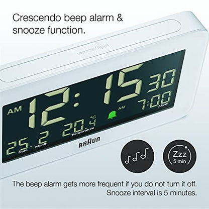Braun Digital Alarm Clock with Date, Month and Temperature Displayed, Negative LCD Display, Quick Set, Crescendo Beep Alarm in White, Model BC10W. - color: White