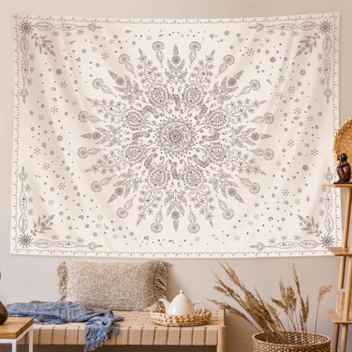 Lunerfex Boho Floral Tapestry Mandala Wall Tapestry, Cute Tapestries for Bedroom Beige Flower Tapestries Wall Hanging for Bedroom Living Room Decor Beige-1 44"x60" - color: White Black, size: 60"L x 44"W
