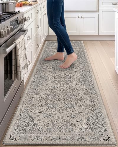 DEXI Kitchen Floor Mats Cushioned Anti Fatigue Runner 24x87 Beige Grey - color: Beige/Grey, size: 87"L x 24"W x 0.4"Th