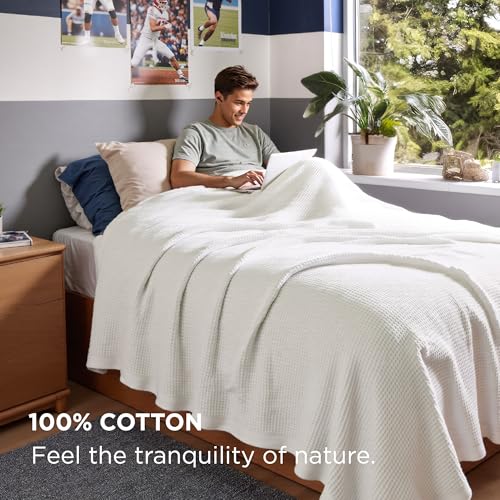 Bedsure 100% Cotton Twin XL Blanket, Waffle Weave, White, 66"x90" - color: 01 White, size: Twin XL (66" X 90")