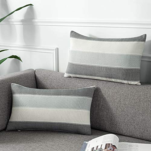 AmHoo Pack of 2 Farmhouse Stripe Check Throw Pillow Covers Set Case Cotton Linen Decorative Pillowcases Cushion Cover for Couch Bench Sofa 12x20Inch Dark Grey Beige - color: Dark Gray Beige, size: 20" x 12" (Pack of 2)