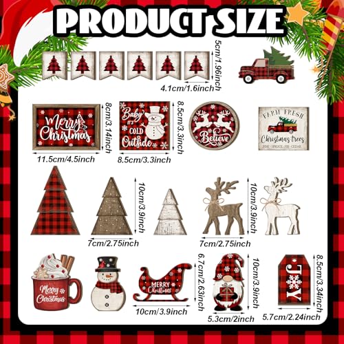 Shellwei 21 Pcs Christmas Tiered Tray Decor Set Wood Rustic Buffalo Plaid Christmas Decoration Winter Farmhouse Decor Xmas Trees Gnome Elk Snowflake Signs for Table Shelf Home Centerpiece (Plaid) - style: Plaid
