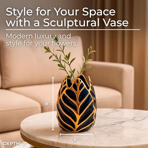 Contemporary Ceramic Flower Pot Vase for Bathroom, 8", Black & Gold