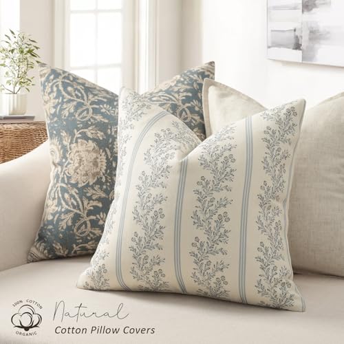 Vintage Throw Pillow Covers 12x20 Set of 2, Striped Floral Pillow Cover Botanical Patterned Decorative Cushion Covers Modern Farmhouse Home Decor for Sofa Couch Bed Living Room, Light Blue - color: Light Blue, size: 20" x 12" (Pack of 2)