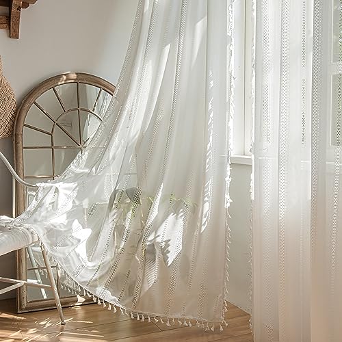 Sutuo Home Boho Curtains 2 Panels 63 Inches Length for Bedroom, Window Treatments Bohemian Geometry Knitted Sheer Crochet Lace Vintage Cotton Drapes Pair Tassels, Rod Pocket, 52" x 63" Ivory - color: Ivory Striped, size: 52"W x 63"L (Pack of 2)