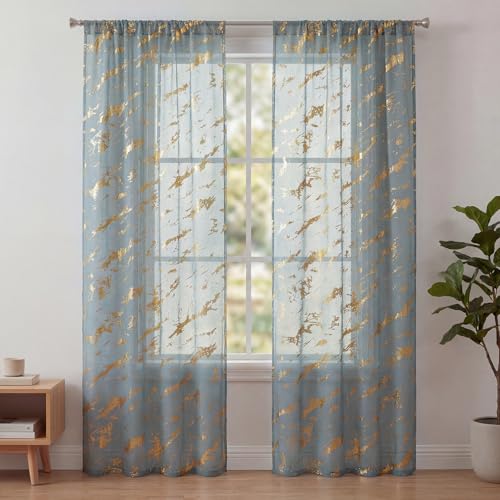 Horaldaily 2Pcs Blue Sheer Curtains for Window 52x84in, Gold Sequin Marble - color: Blue and Gold, size: 52"W x 84"L (Pack of 2)