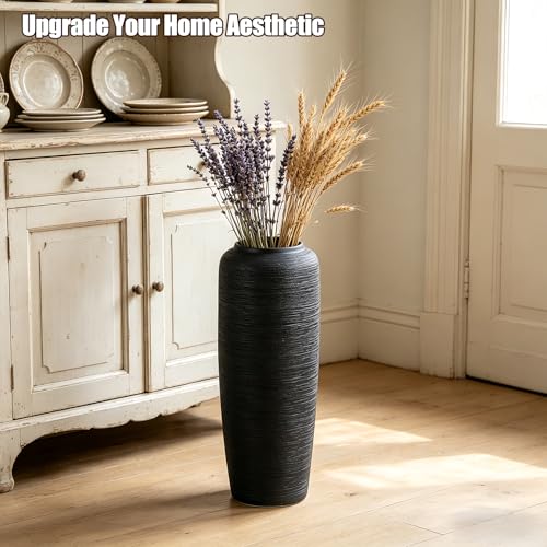 Black Rustic Ceramic Floor Vase, 19.7 Inch, Ribbed Texture - size: 19.7 Inch