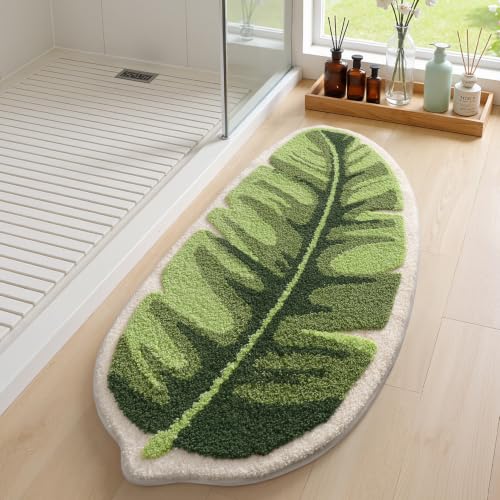 LUMI Cute Bathroom Rug Green Leaf, Absorbent Non Slip Bath Mat, 19.5"x39.5" - color: Ample Palm Leaf