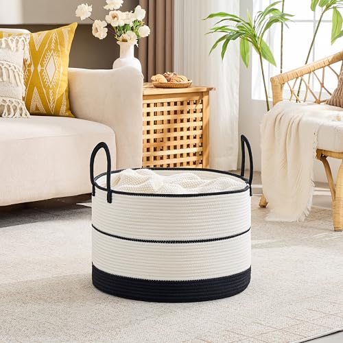 KAKAMAY Large Blanket Basket with Handles, Storage Basket for Living Room - color: Black and Beige
