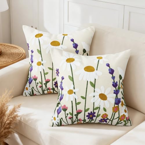 Floral Embroidered Pillow Covers 18x18 Inch Set of 1, White Daisy - color: Falling Petals