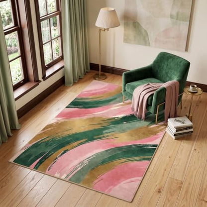 3x5 Pink and Green Area Rug, Modern Abstract Brushstroke Design - color: Pink/Green/Gold, size: 3' x 5' (Rectangular)