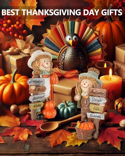 GoGnome 2-Pack Thanksgiving Scarecrow Figurines with Inspirational Autumn Plaques - Durable Resin 5.5'' Thanksgiving Table Decor - Fall Decorations Indoor Outdoor Harvest Gifts (Scarecrows)
