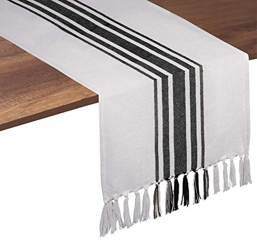 Native Fab Black Stripe Table Runner - 90 Inches Long Boho Table Covers with Fringes - 100% Cotton, Braided Weave, Non Slip Tablerunner for Dining Room, Dresser, Events, 14"x90" - Black and White - color: Black White, size: 14x90
