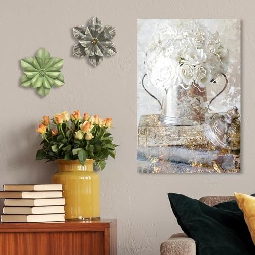 Metal Flower Wall Sculpture,12.5" Gradual Grey Gold Rustic Modern Floral - color: 01B-Grey