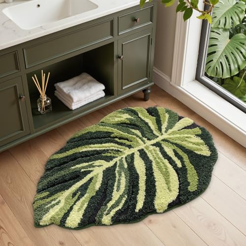 LUMI Cute Bathroom Rug Green Leaf, Absorbent Non Slip Bath Mat, 32"x48" - color: Dark Monstera-large