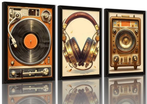 Framed Vintage Music Equipment Canvas Wall Art Set of 3, Retro Turntable Headphones Radio Record Player Print Painting, Black Solid Wood Frame Vintage Audio Decor Canvas Prints for Bedroom Living Room Music Studio Wall Decor Gift for Music Lovers - color: