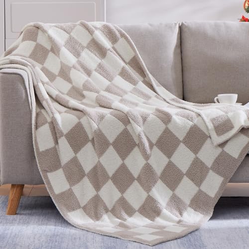 WRENSONGE Soft Checkered Throw Blanket for Couch-Cozy Fall Knitted Blankets - color: Art Taupe, size: Throw-XL(50"x 70")