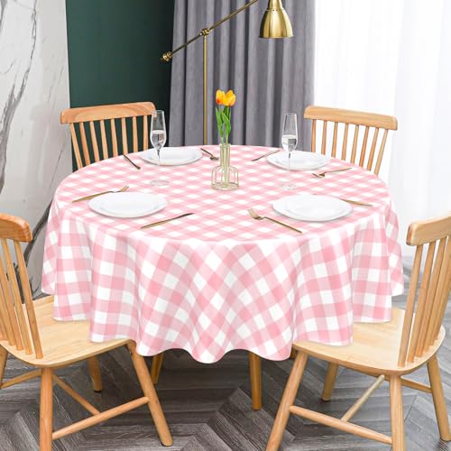 Mulbozy 2 Pcs Pink Gingham Round Plastic Tablecloth Disposable, 84 inch - color: Checkered-pink, size: 84" Round