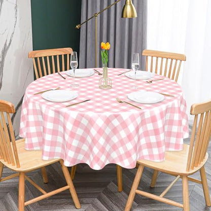 Mulbozy 2 Pcs Pink Gingham Round Plastic Tablecloth Disposable, 84 inch - color: Checkered-pink, size: 84" Round
