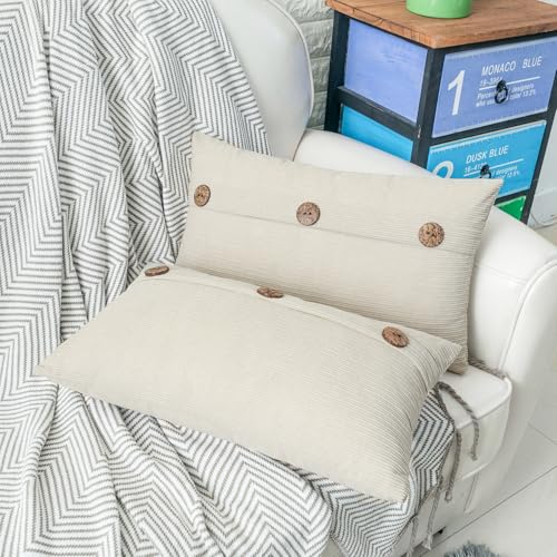 HWY 50 Cream White Chenille Throw Pillow Covers 12x20 Inch Buttons - color: Cream White, size: 20" x 12" (Pack of 2)