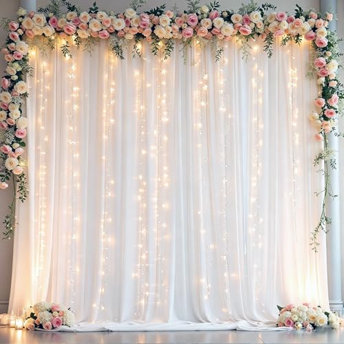 10 x 10ft White Backdrop Curtains with Lights String for Party - color: White, size: W5' x H10'(2 panels)