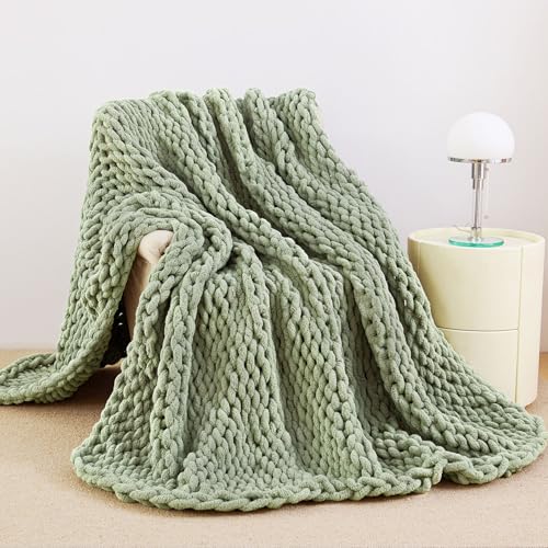 Chunky Knit Blanket Throw for Couch, 60"x80" Chunky Yarn Knitted Blankets - color: Sage Green, size: 60"x80"