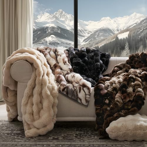 EverGrace Faux Rabbit Fur Bubble Throw Blanket, 50"x60", Beige & Gray - color: Marble Beige & Grey Chocolate, size: 50"x60"