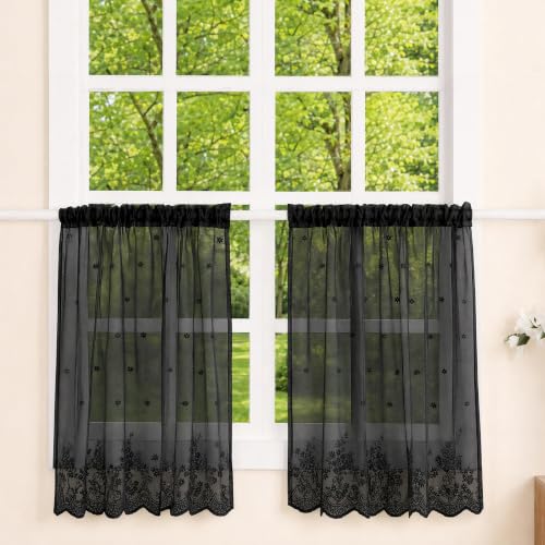 Molaxhome Kitchen Curtains Valance Black Lace Floral Semi Sheer Curtain - color: Black, size: 29"W x 35"L (Pack of 1)