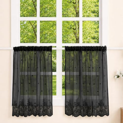 Molaxhome Kitchen Curtains Valance Black Lace Floral Semi Sheer Curtain - color: Black, size: 29"W x 35"L (Pack of 1)