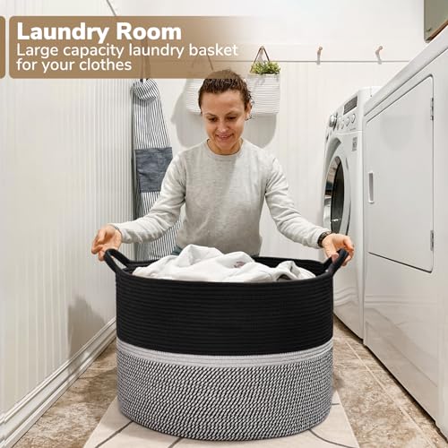 CHICVITA Extra Large Woven Rope Blanket Basket with Handles, Black - color: Black and Gray