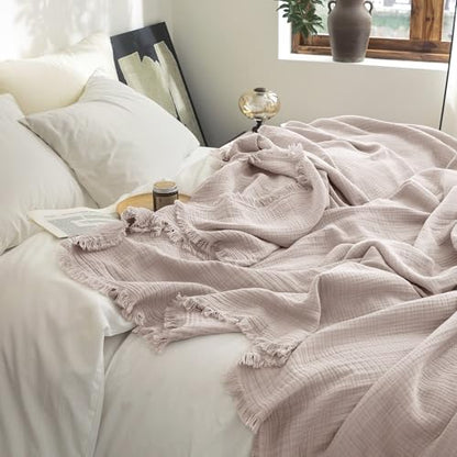 FOSSA Muslin Blanket 4-Layer 100% Cotton Gauze Blanket with Fringe 104"x90" - color: Greyish Pink, size: King (104" × 90")