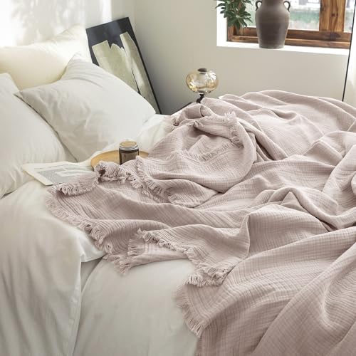 FOSSA Muslin Blanket 4-Layer 100% Cotton Gauze Blanket with Fringe 90"x90" - color: Greyish Pink, size: Queen (90" × 90")