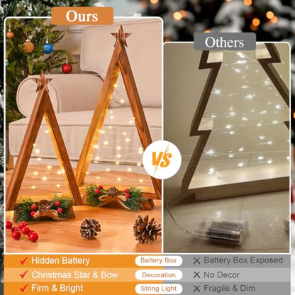 2 Pcs Triangle Tabletop Wooden Christmas Tree with Lights, Modern Farmhouse Rustic Christmas Decor, Small Lighted Xmas Tree for Kitchen Mantle Shelf Living Room(14.2" Large / 11" Small)