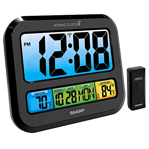Sharp Atomic Digital Clock, 3" Color Display, Indoor/Outdoor Temp Sensor