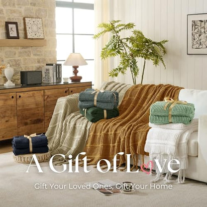 Boho Knitted Chenille Blanket with Tassels - Lightweight & Soft All-Season Throw - 3D Classic Pattern for Living Room Bedroom Couch, Cloud White, Throw 50"x60" - color: Cloud White, size: Throw