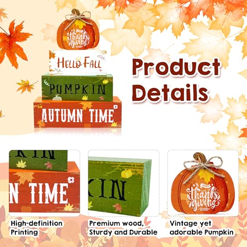 4 Pcs Fall Thanksgiving Decorations for Home,Wooden Pumpkin Signs with Sayings Hello Fall Maple Leaf Block Signs Tiered Tray Tabletop Decor Thanksgiving Decor Indoor for Office Farmhouse Home Kitchen
