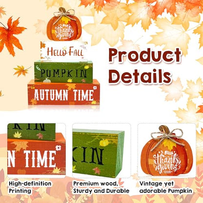 4 Pcs Fall Thanksgiving Decorations for Home,Wooden Pumpkin Signs with Sayings Hello Fall Maple Leaf Block Signs Tiered Tray Tabletop Decor Thanksgiving Decor Indoor for Office Farmhouse Home Kitchen