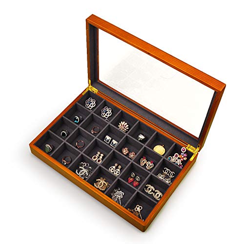 Oirlv Solid Wooden Jewelry Box Rings Earrings Necklaces Vintage Organizer - size: Grey 24 Grids Box