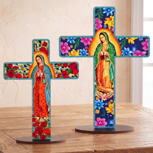 Yuntau 2 Pcs Floral Cross Table Decor Wooden Our Lady of Guadalupe Tabletop - style: Floral Cross