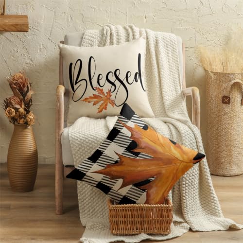 Fall Pillow Covers 20x20 Thanksgiving Farmhouse Decorations Buffalo Plaid Pumpkin Maple Leaf Outdoor Fall Decor Throw Pillow Covers Blessed Autumn Harvest Cushion Case for Sofa Couch Set of 4 - size: 20" x 20" (Pack of 4)