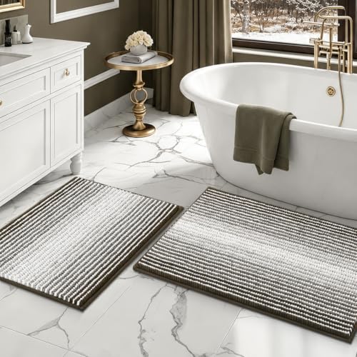 BSICPRO Bathroom Rugs Sets 2 Piece, Non Slip Striped Bath Mats, Latte - color: Latte, size: 20" x 32" Plus 16" x 24"