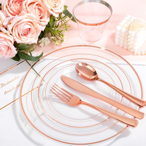 bUCLA 150PCS Clear Rose Gold Disposable Dinnerware set - Rose Gold Plastic Plates Include 25 Dinner / 25 Dessert Plates, 25 Knives, 25 Forks, 25 Spoons, 25 Cups for Party & Wedding - color: Clear Rose Gold