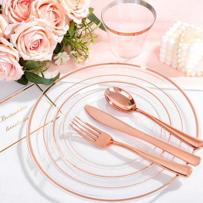 bUCLA 150PCS Clear Rose Gold Disposable Dinnerware set - Rose Gold Plastic Plates Include 25 Dinner / 25 Dessert Plates, 25 Knives, 25 Forks, 25 Spoons, 25 Cups for Party & Wedding - color: Clear Rose Gold